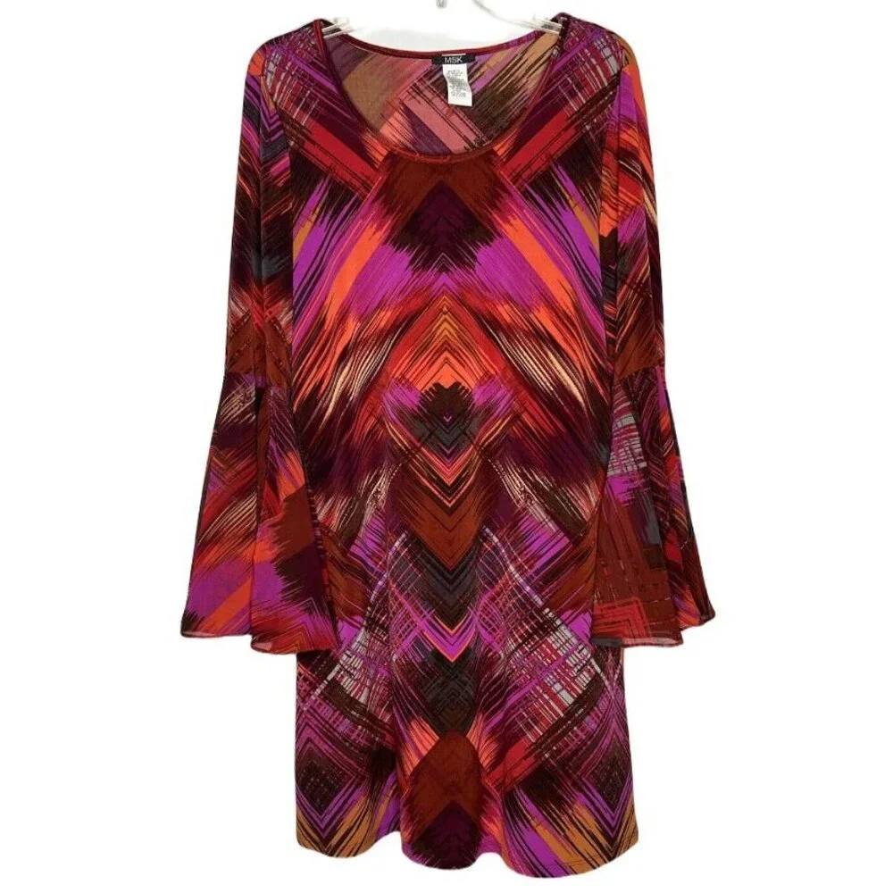 MSK Women's Pink Red Orange Print Sheer Bell Sleeve Cocktail Dress Size Medium - Picture 4 of 11